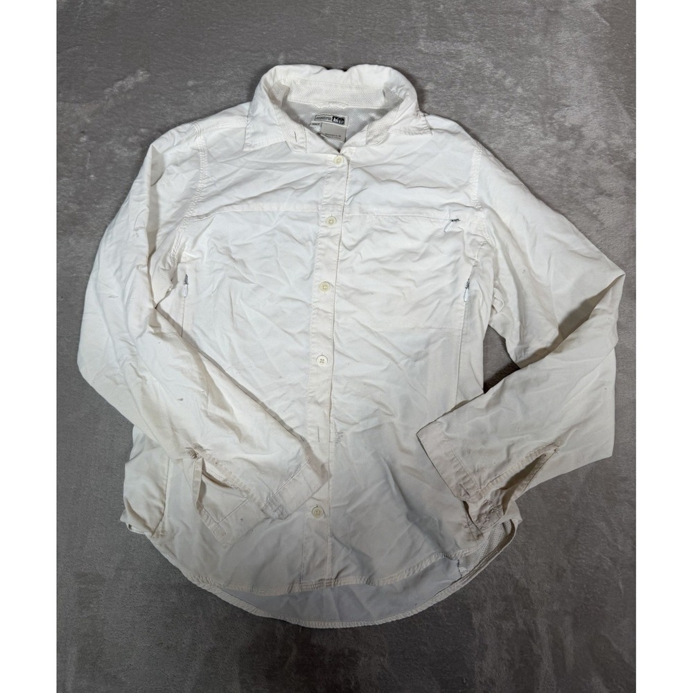REI Womens White Nylon Woven Long Sleeve Button Up UPF 30 Hiking Shirt M